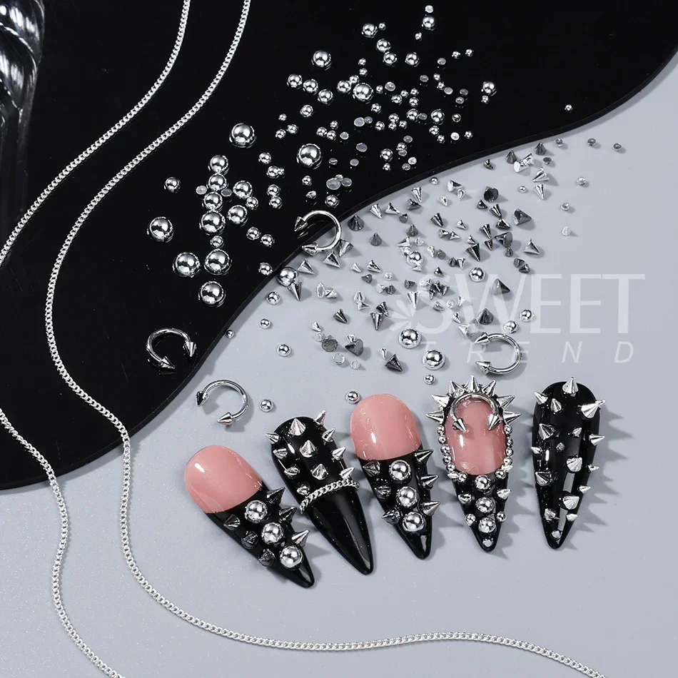 1/3 Stück Gemischte Gothic-Punk-Stil Nagelnieten Y2K Konische Nieten/Ketten/Perlen Nagelzubehör DIY Halloween Maniküre Deko – Detail 4