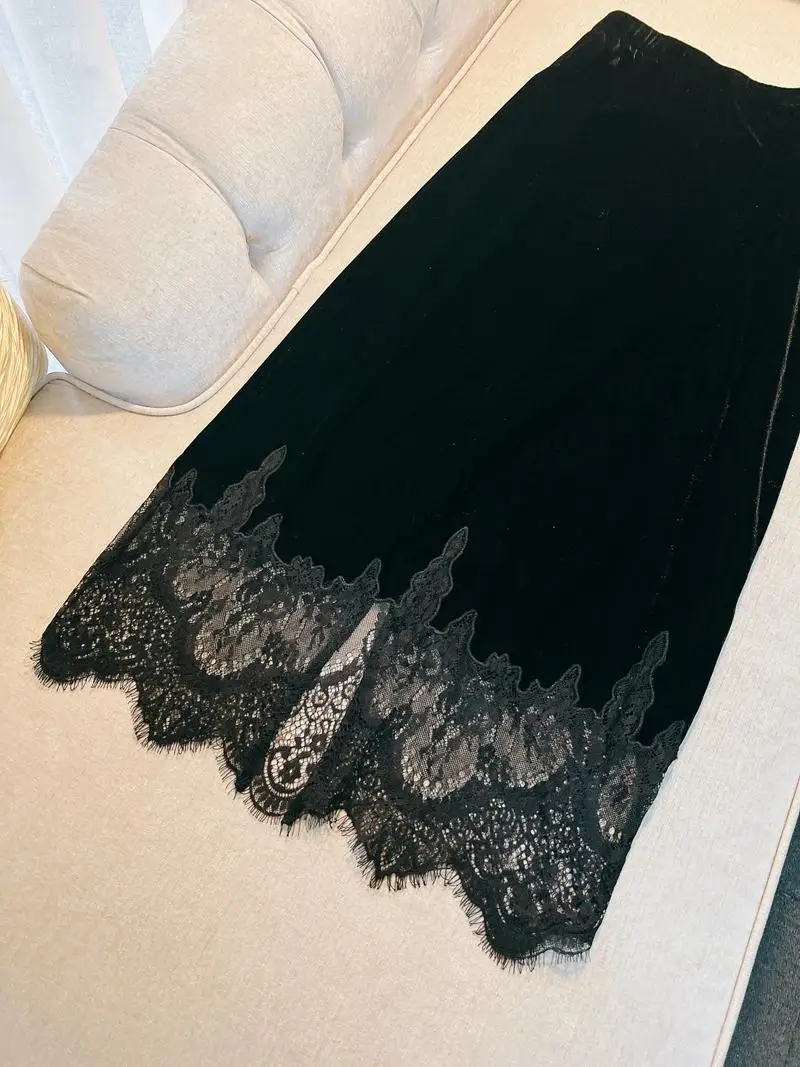 Hiver 2024 Nouvelle jupe en velours f-longueur avec épissure de dentelle et taille élastique Ba Split Bodycon Vestido F Cidade Pormen...