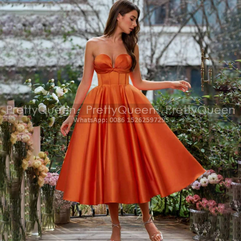 

Orange Tea Length Bridesmaid Dresses Puffy A Line Strapless Customized Orange Long Wedding Party Dress