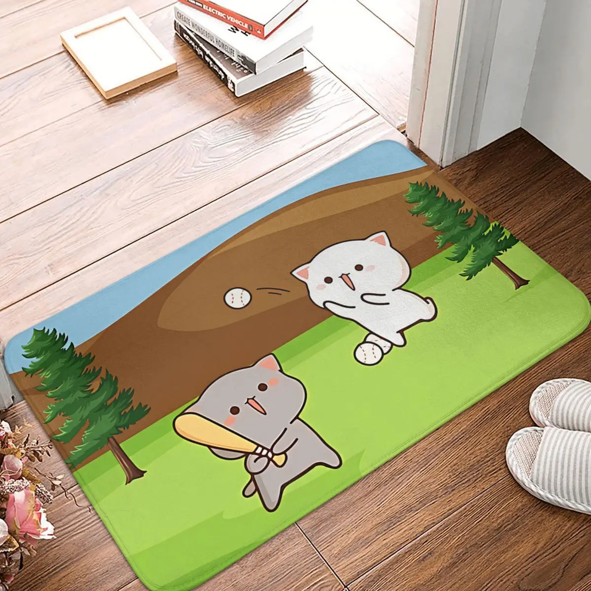 Peach and Goma Mochi Cat Non-slip Doormat Playing Baseball Bath Bedroom Mat Outdoor Carpet Flannel Modern Decor