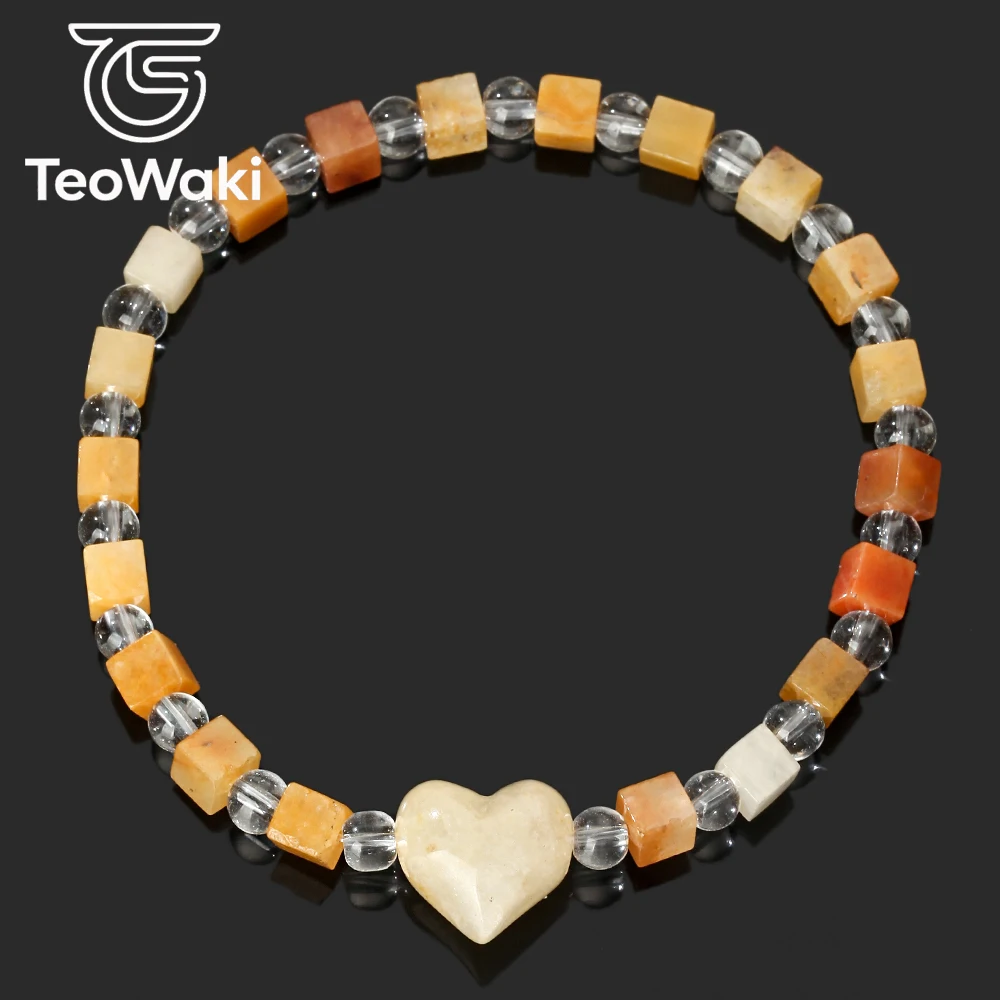 TeoWaki Square Yellow Jade Elastic Bracelet Bead Minimal Fresh White Stone Peach-shaped Ornament Stackable Jewelry Best Gift18cm