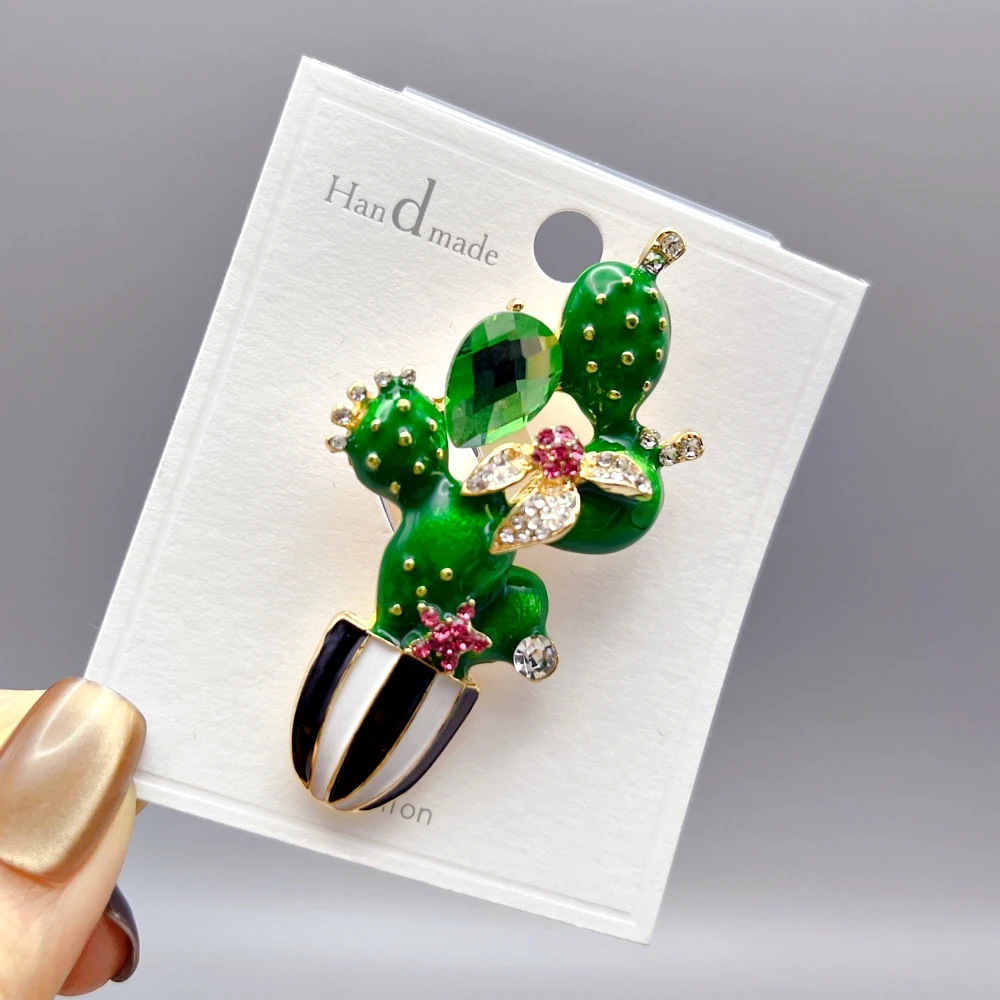 Lovely Enamel Cactus Flower Brooches For Lady Women Rhinestone Pot-Plants Clothes Pins Badge Accessories