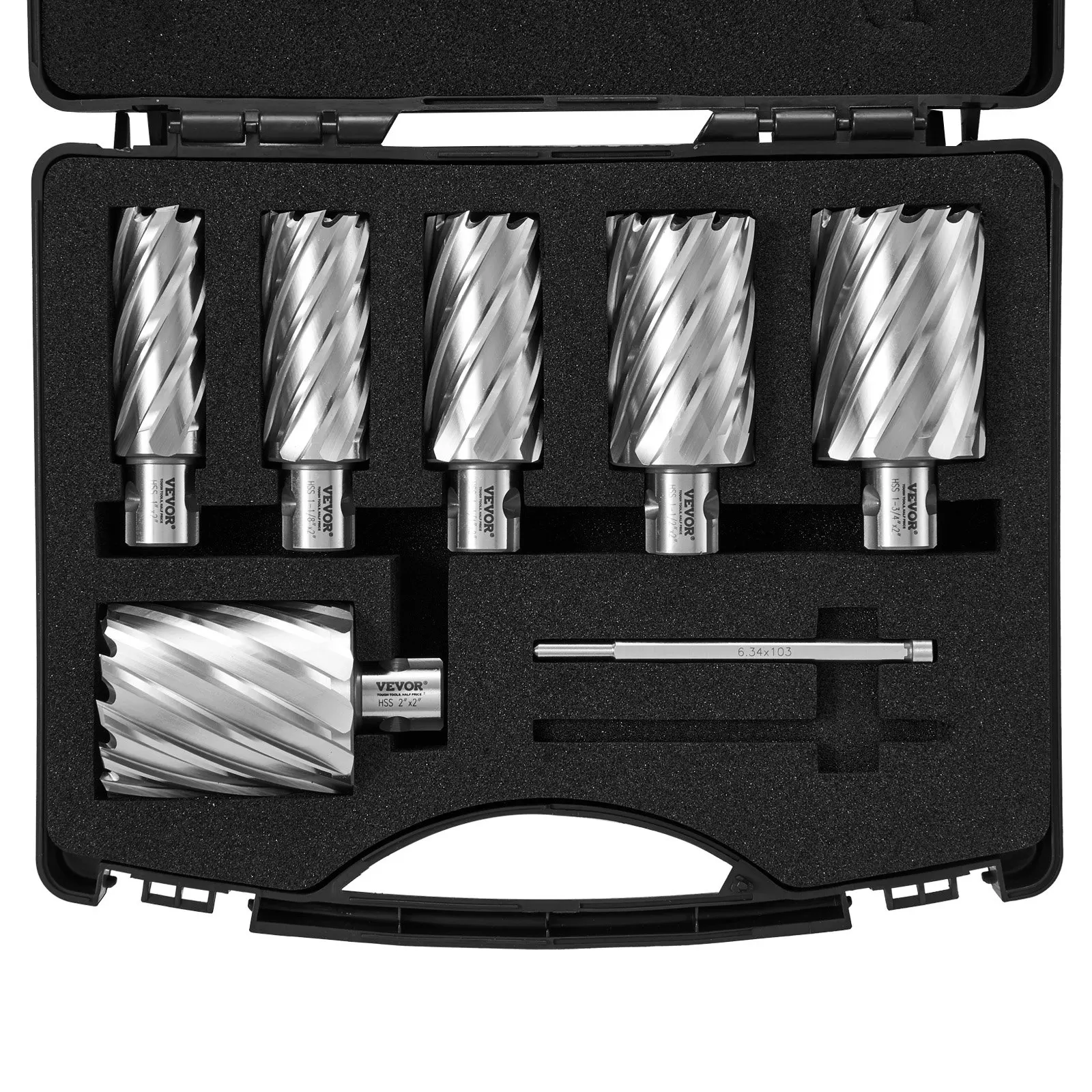 

Annular Cutter Set, 6 Pcs Universal Shank Mag Drill Bits, 1' To 2' Cutting Diameter, 2' Cutting Depth, M2AL High-Speed Steel,