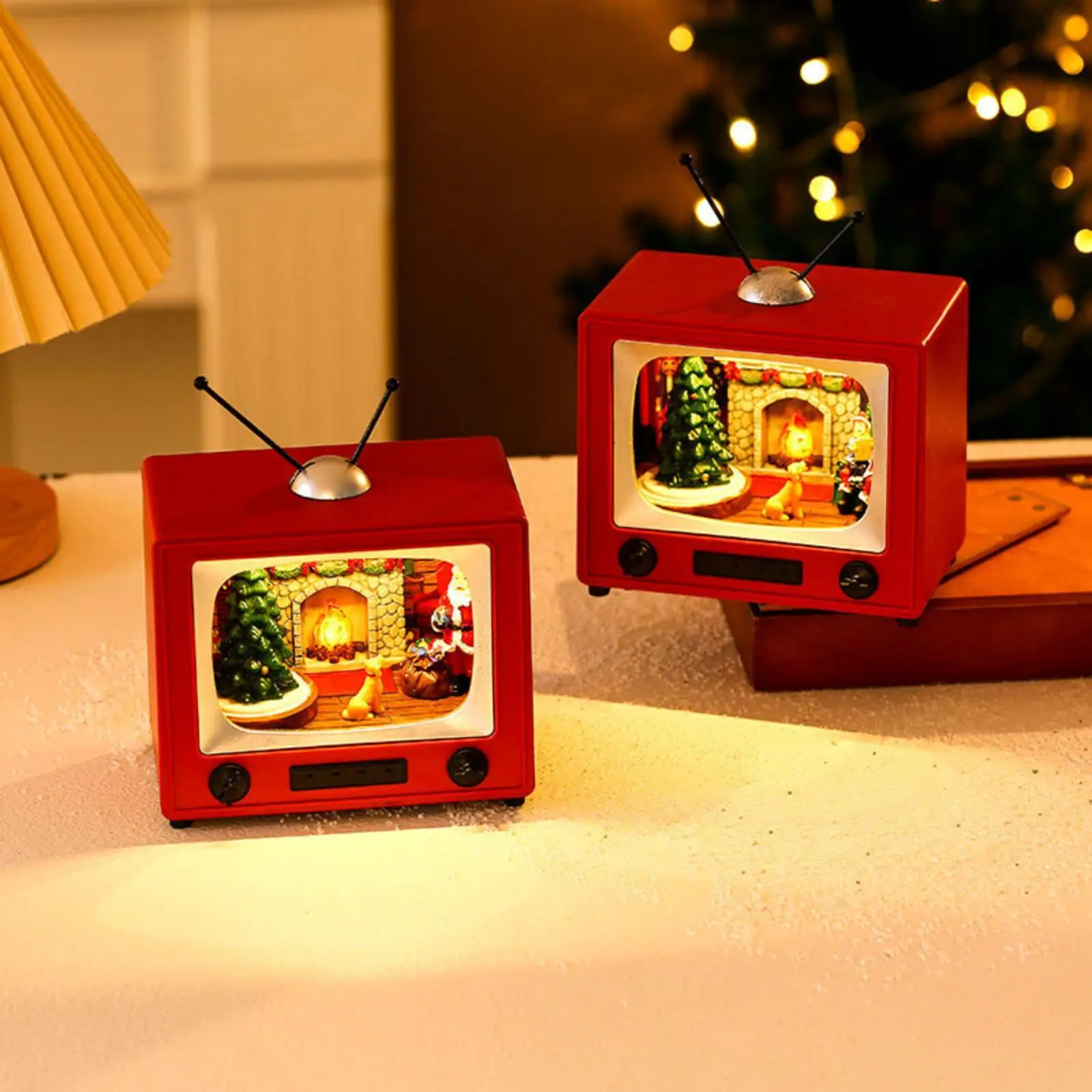 TV Shape Music Box Santa Figurines Multipurpose with USB Cable Resin and PVC Hand Painted for Home Holiday Decor with Lights