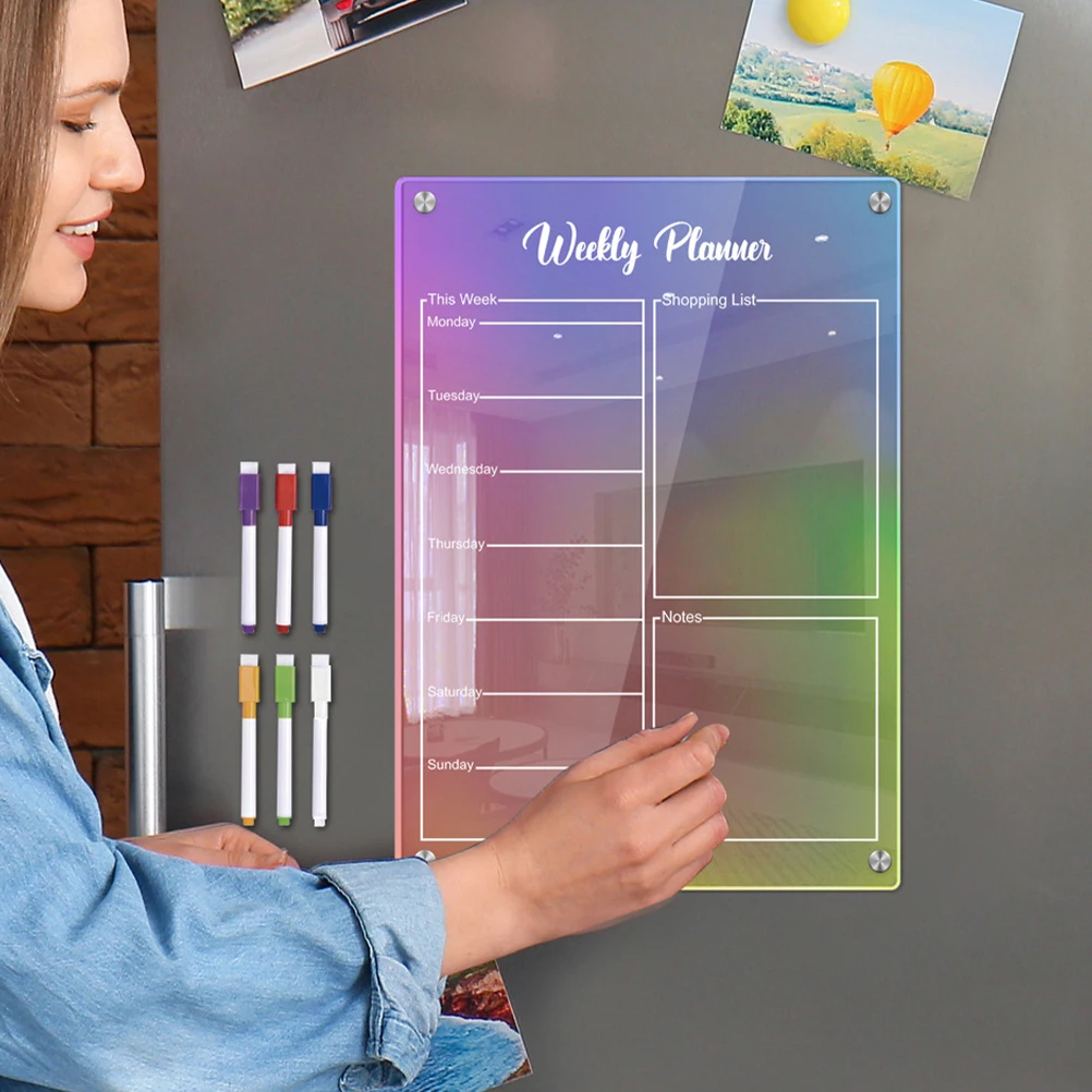 

1 set Magnetic Fridge Kitchen Planner Board Dry Erase Board Kitchen Weekly Calendar Acrylic Meal Note Pad Colored Erasable