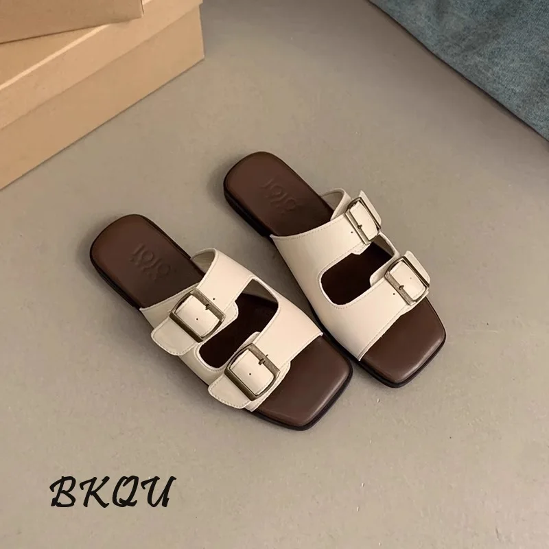 BKQU Women Slippers 2024 Summer Outside Wear New Korean Version of French Retro Fairy Wind Beach Beach Soft Flat Mule Sandals
