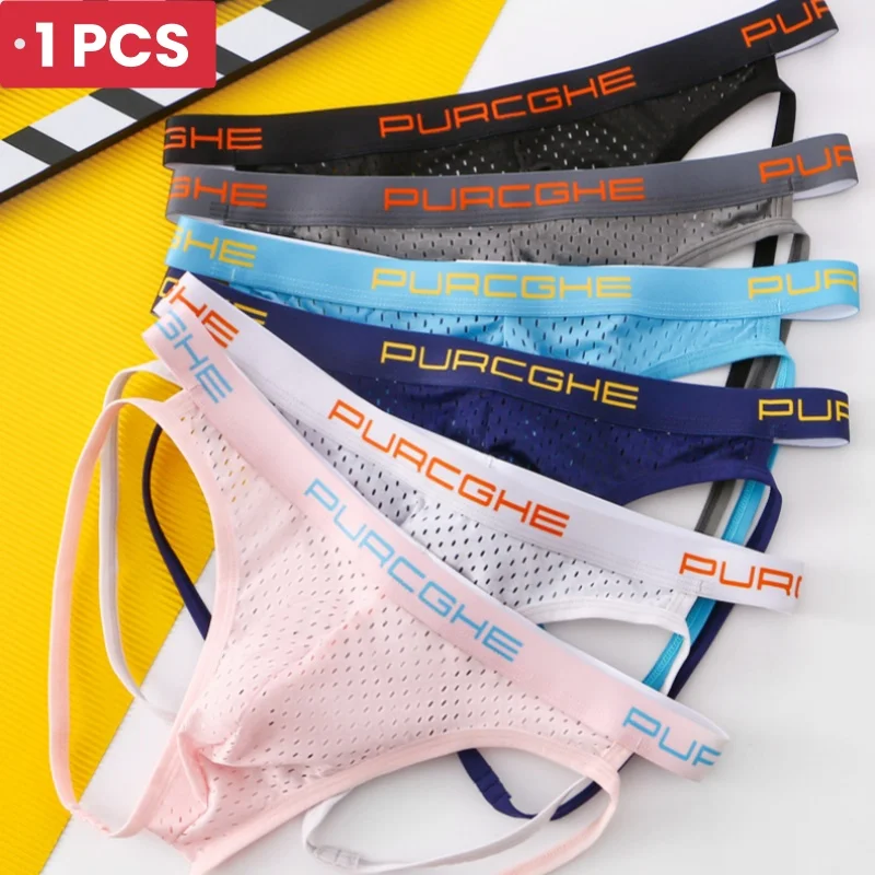 1PCS Sexy Gay Men Mesh Jockstrap Underwear Sissy Panties Cueca Tanga Male Thong G String Hollow Out Strap Briefs Erotic Lingerie