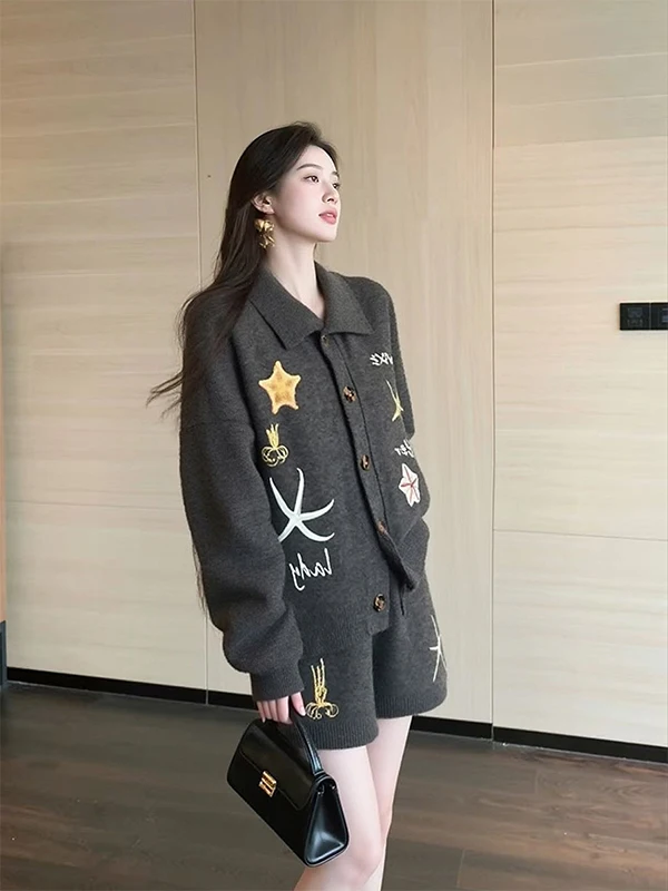 Casual Knitted Long Sleeve Two-Piece Set Grey Lazy Style Women's Fashion Ensemble Winter Commute Wind Short Pants Button up
