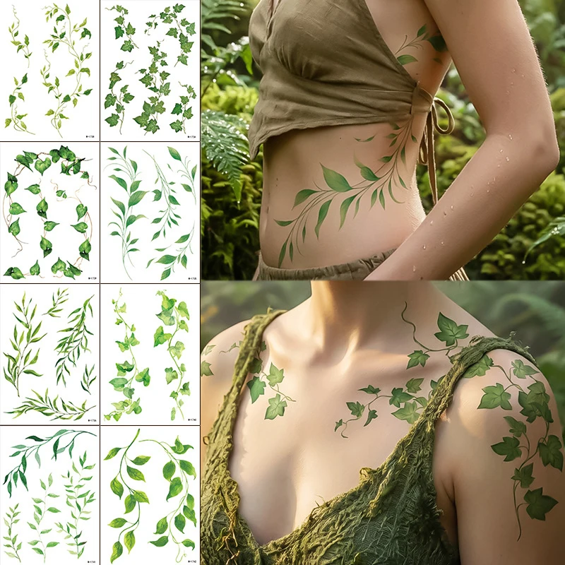 

Наклейка-тату с зелеными листьями и реалистичными цветами для женщин, водостойкая, 1 лист