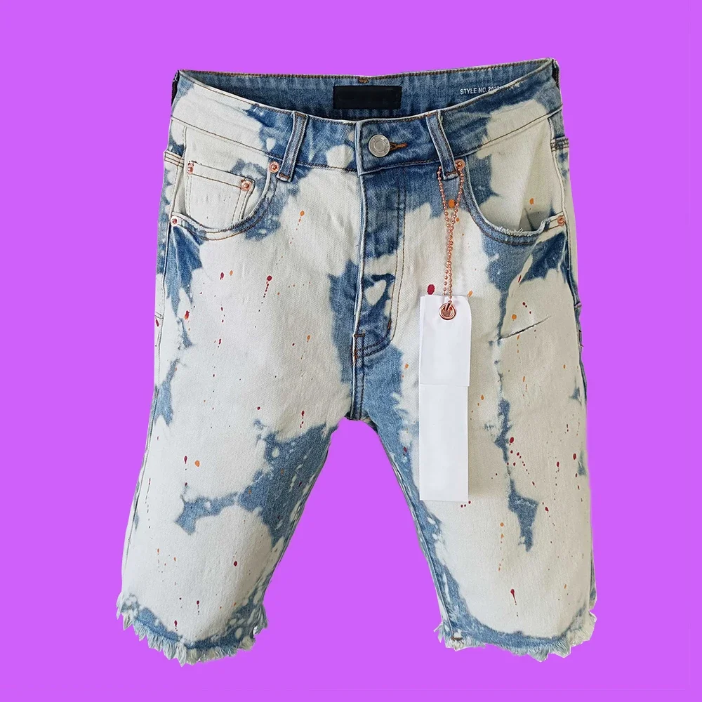 

2024 Fashion Purple roca jeans brand men's men's black edge splash-ink paint men's slim ripped patch denim shorts pants