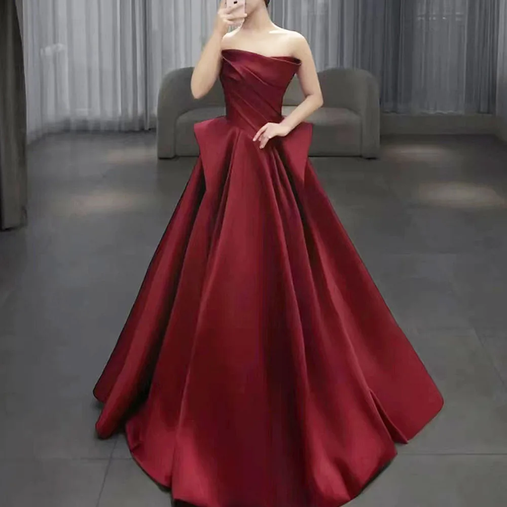 Luxury 2024 New Wedding Party Dress Strapless Elegant Satin Simple Evening Dresses Temperament Pleated Robe Women Vestidos