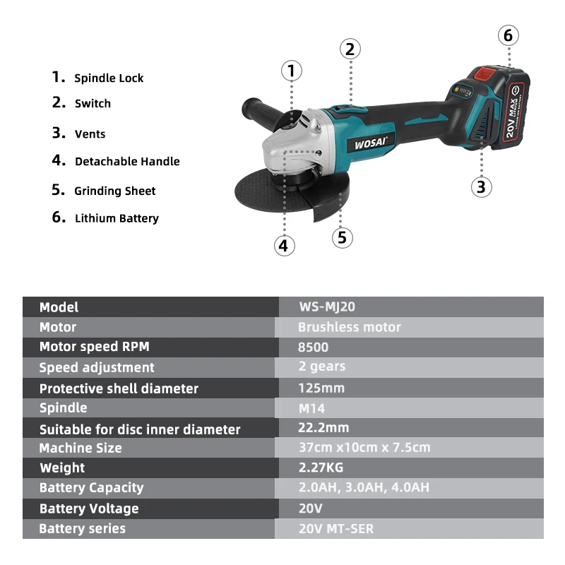 WOSAI MT-Series Brushless Electric Angle Grinder 20V Lithium-Ion Battery Machine Grinding Machine 125mm Cordless Power Tools