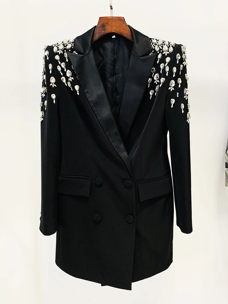 New Design Diamond Blazer Dress 2025 Spring New Fashion Personalized black white Studded Mid Length Suit Coat Jacket Women