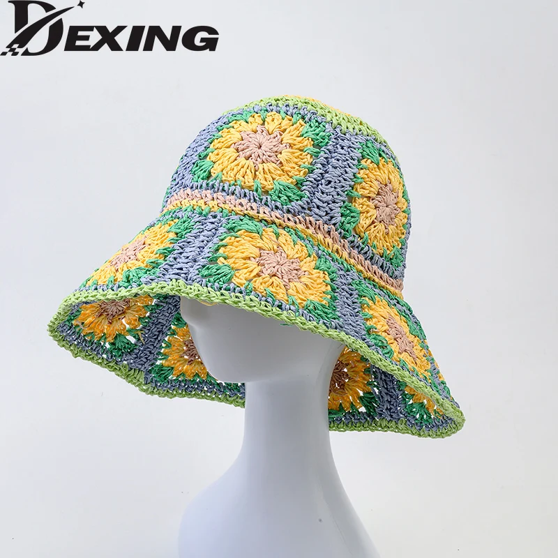 

INS Korea Crochet Handmad Beach Straw Hat Women Summer Flowers Pure Hand-woven Hat Sunshade Fisherman Hat Breathable Bucket Hat