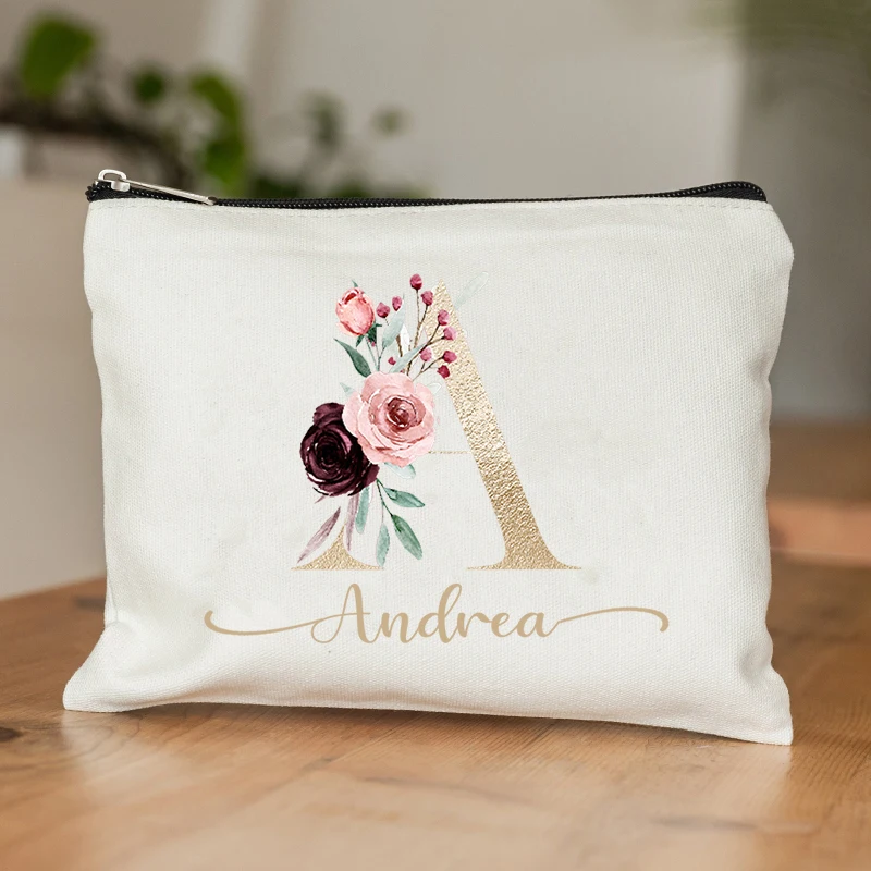 Bolsa de maquillaje con iniciales de monograma de estética Floral, estuche de cosméticos personalizado con nombre, regalo de cumpleaños para amigos y profesores