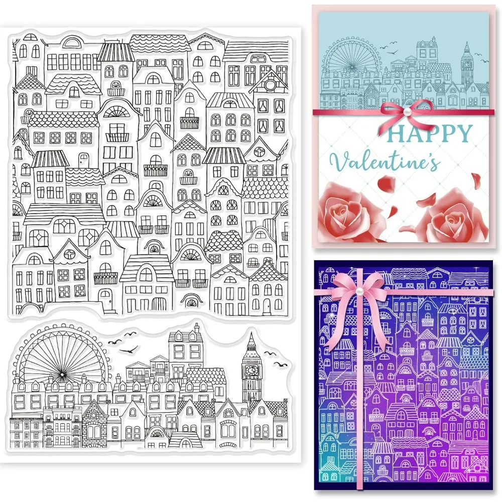 City Block Background Clear Stamp Ferris Wheel Transparent Silicone Stamp Cartoon House Rubber Stamp for Scrapbook Journal