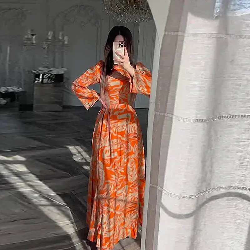 Muslim Women Dress Long Dresses Party Print Round Neck Long Sleeve Casual Loose Maxi Elegant A Line Long Vestidos Pleated