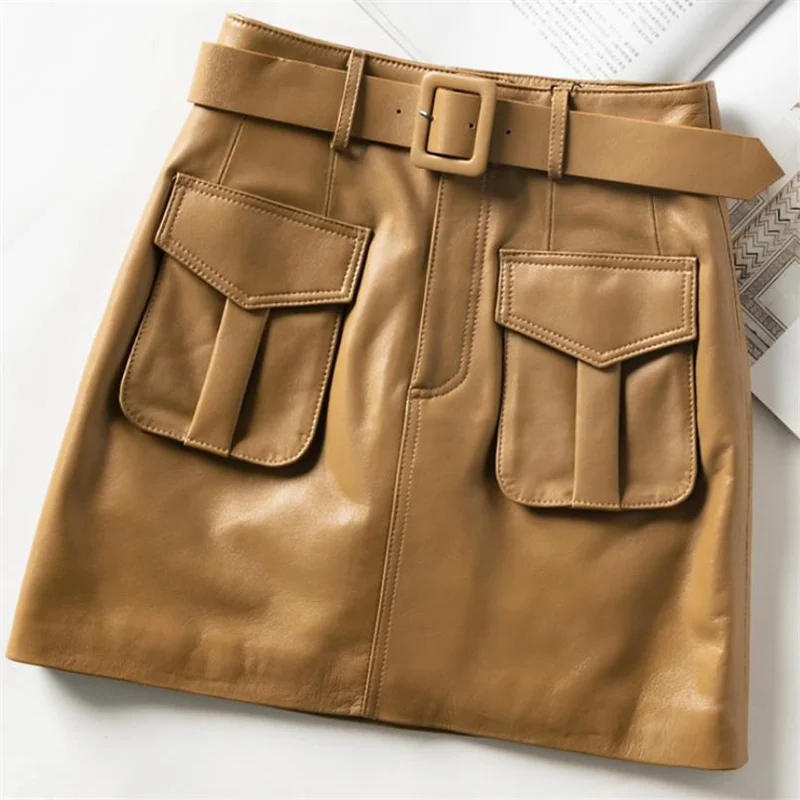 Genuine Leather Skirt Skirt A-line Skirt Women's High Waist Slim Sheepskin Short Skirt Belt Pockets