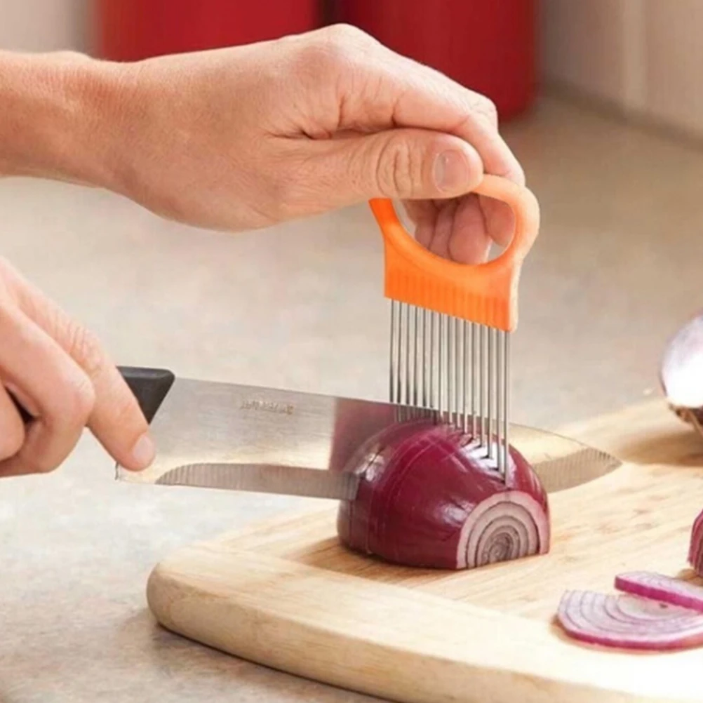

12-Prong Stainless Steel Onion Holder Slicer for Tomato Vegetable Lemon Potato Comfortable Non-Slip Grip Even Slices Touch Free