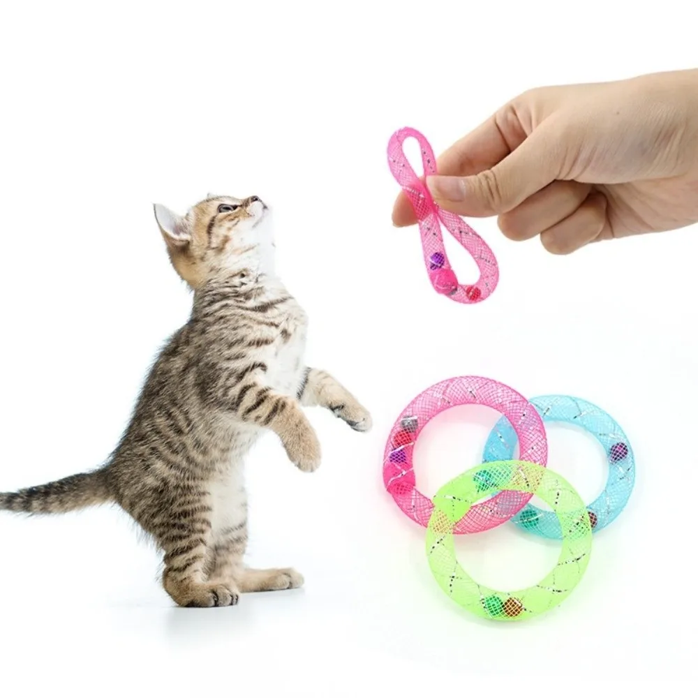 5Pcs Bell Sounds Circle Bell Cat Toy Bouncing Spring Bite Resistant Cat Interactive Grid Tube Colorful Soft Mesh Spring Cat Toy