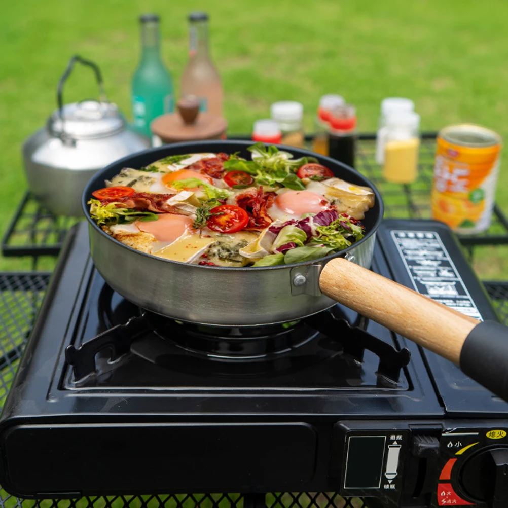 

Egg Frying Pan Nonstick Skillet Portable Camping Pan Wooden Handle Stainless Steel Multifunction Outdoor Cooking