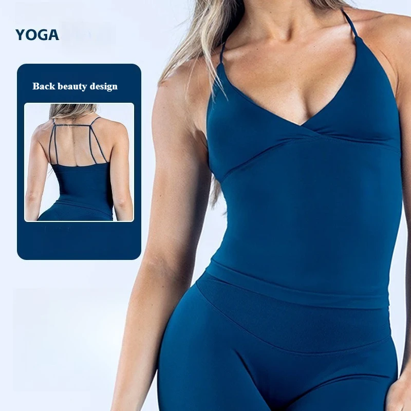 Women Seamless Cross Sports Vest Gym Yoga Tops with Padded   Backless Workout Fitness Camisole Running Sports Tops Summer