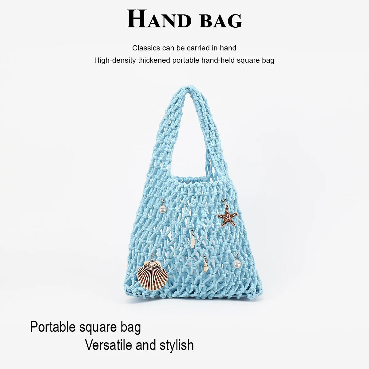 Women's small handbag, simple solid color dopamine-toned hollow-out bag, cute and exquisite small bag that can hold a phone, lipstick, etc., comes with detachable ocean-themed charms, suitable for summer travel and vac