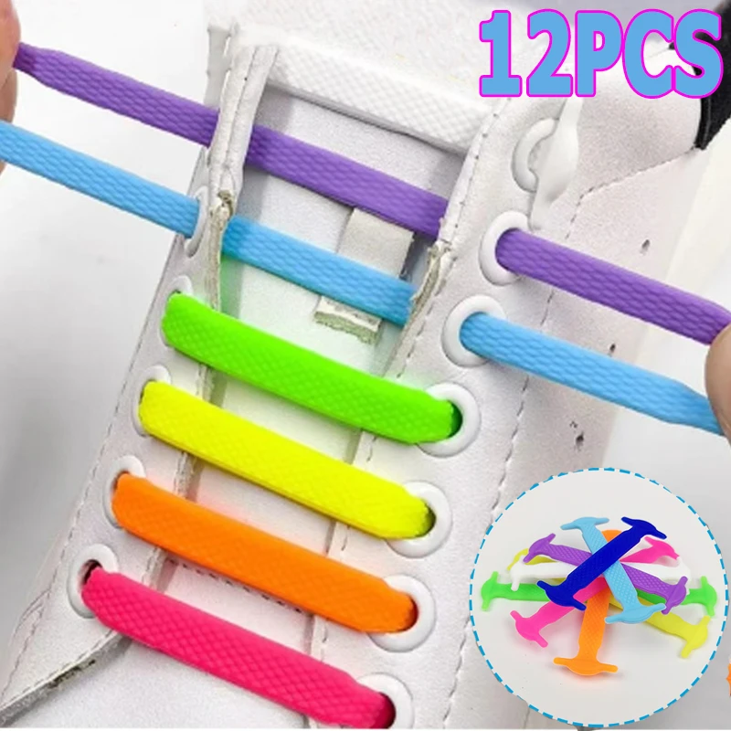 

12pcs/lot Elastic Silicone Shoelaces No Tie Elastic Laces Adults Creative Lazy Sneaker Shoelaces Flat Shoestrings for Man Women