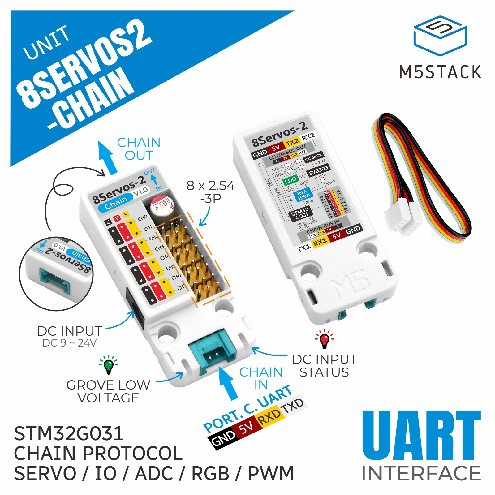 M5Stack Official 8-Channel Servo2 chain (STM32G031)