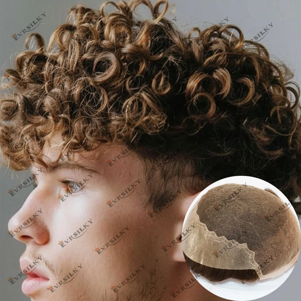 بني فاتح شقراء 24 مللي متر مجعد Q6 عقدة غير مرئية خط شعري طبيعي الدانتيل و بولي PU العادم الرجال الشعر المستعار 1B65 1B80 شعر بشري رمادي اصطناعي #1