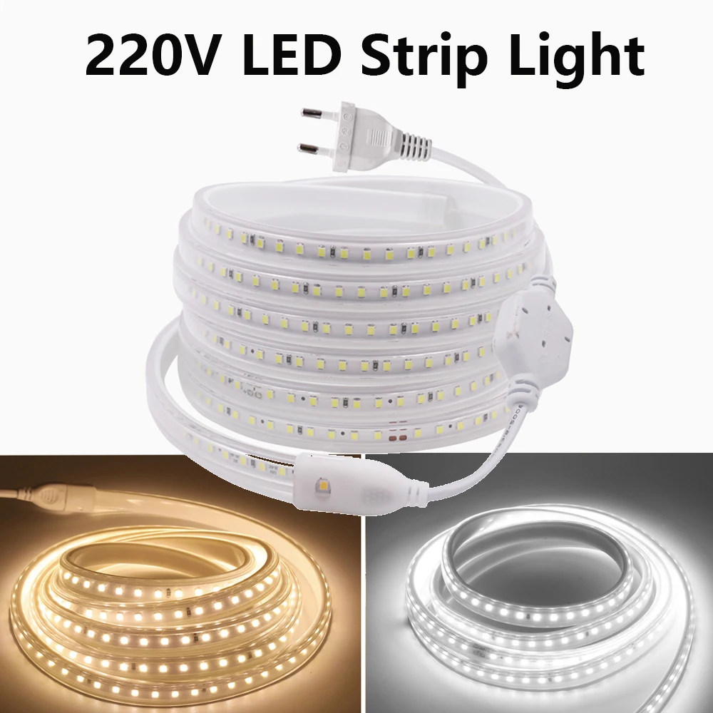 AC 220V LED Strip Light 2835 With EU Power Plug 120LEDs/M Super Bright Flexible Waterproof Indoor Home Decoration 1M 5M 10M 15M