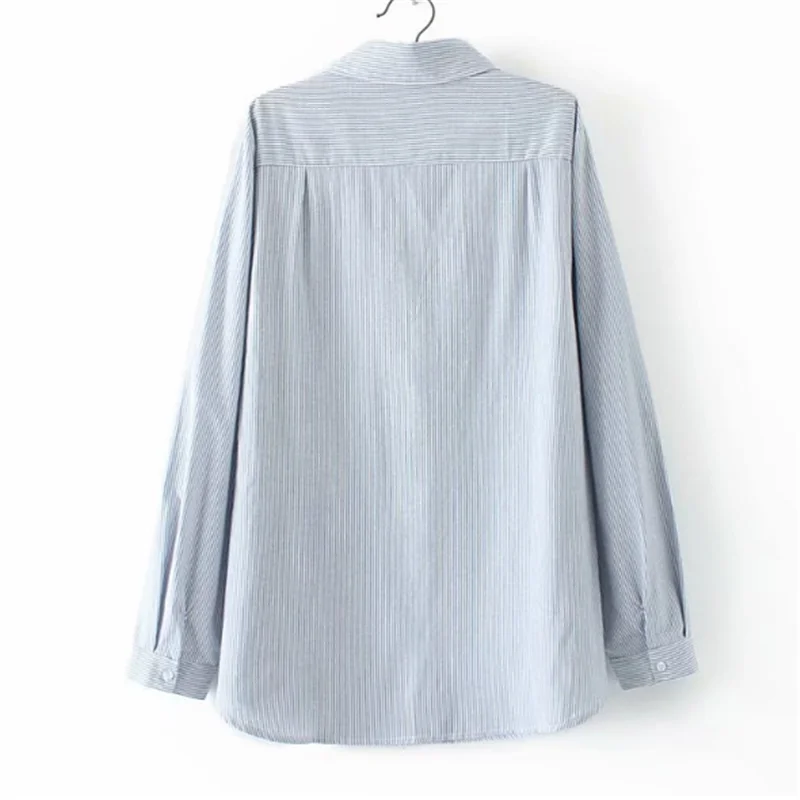 Women Elegant Plus Size Top Embroidery Long Shirts Striped Full Cotton Long Sleeve Loose Blouse Stand Collar Casual Blusas Femm