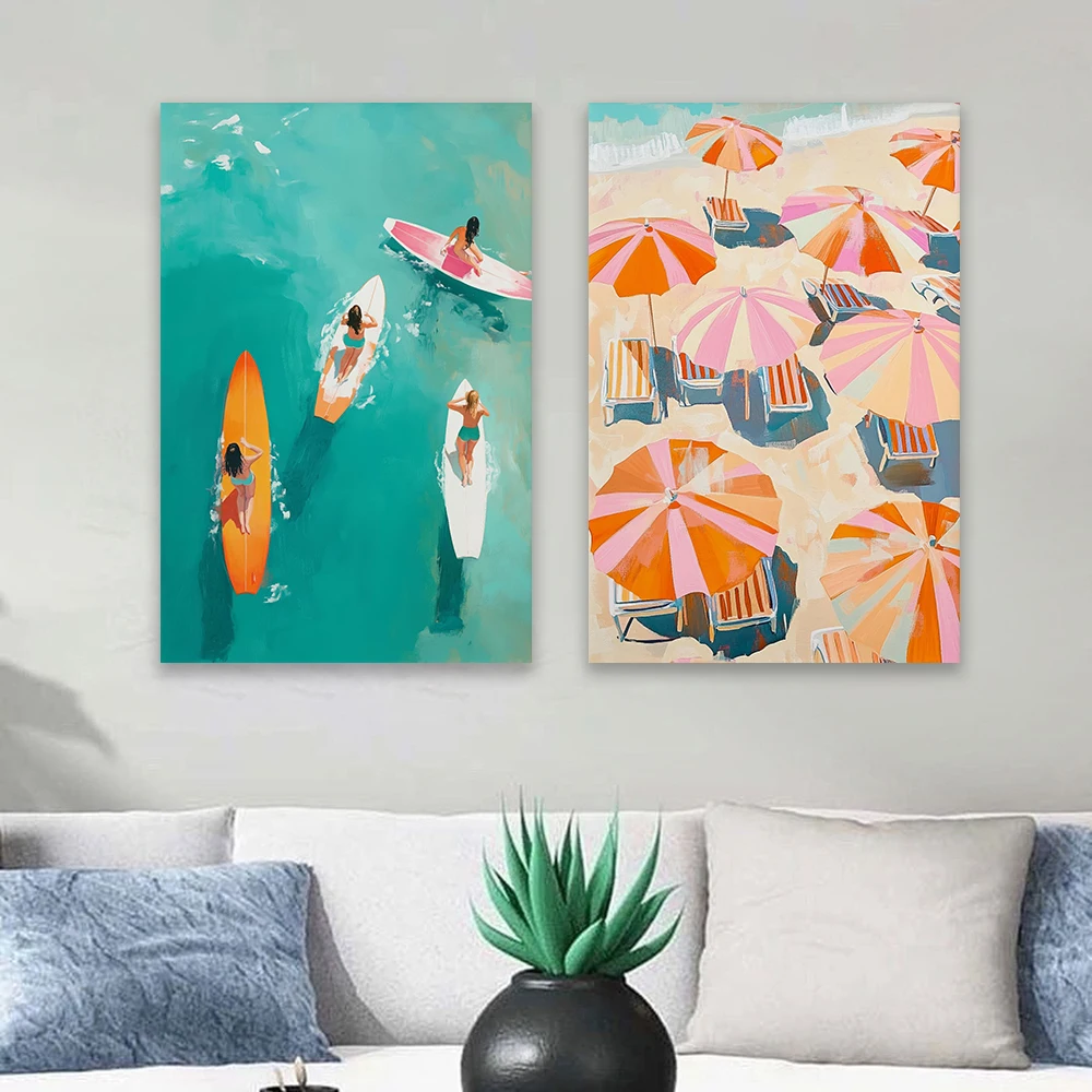 Striped Beach Umbrella Aerial Poster Colorful Coastal Wall Art Travel Prints Colorful Italian Riviera Landscape Home Canvas Art