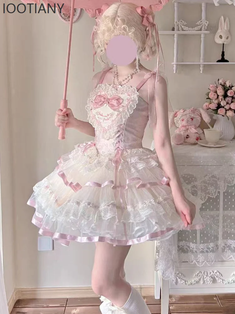 

IOOTIANY Kawaii Sweet Slim-fitting Suspender Lolita Dress Design Elegant Lace-up Off-shoulder Dress Casual Pretty Fairy Outfit
