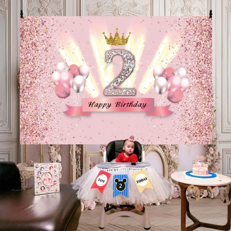 وردي 2 سنة عيد ميلاد سعيد خلفية للحفلات ، بالون الطفل خلفية التصوير الفوتوغرافي ، التصوير الفوتوغرافي راية الدعائم للفتيات والفتيان ، 2 سنة