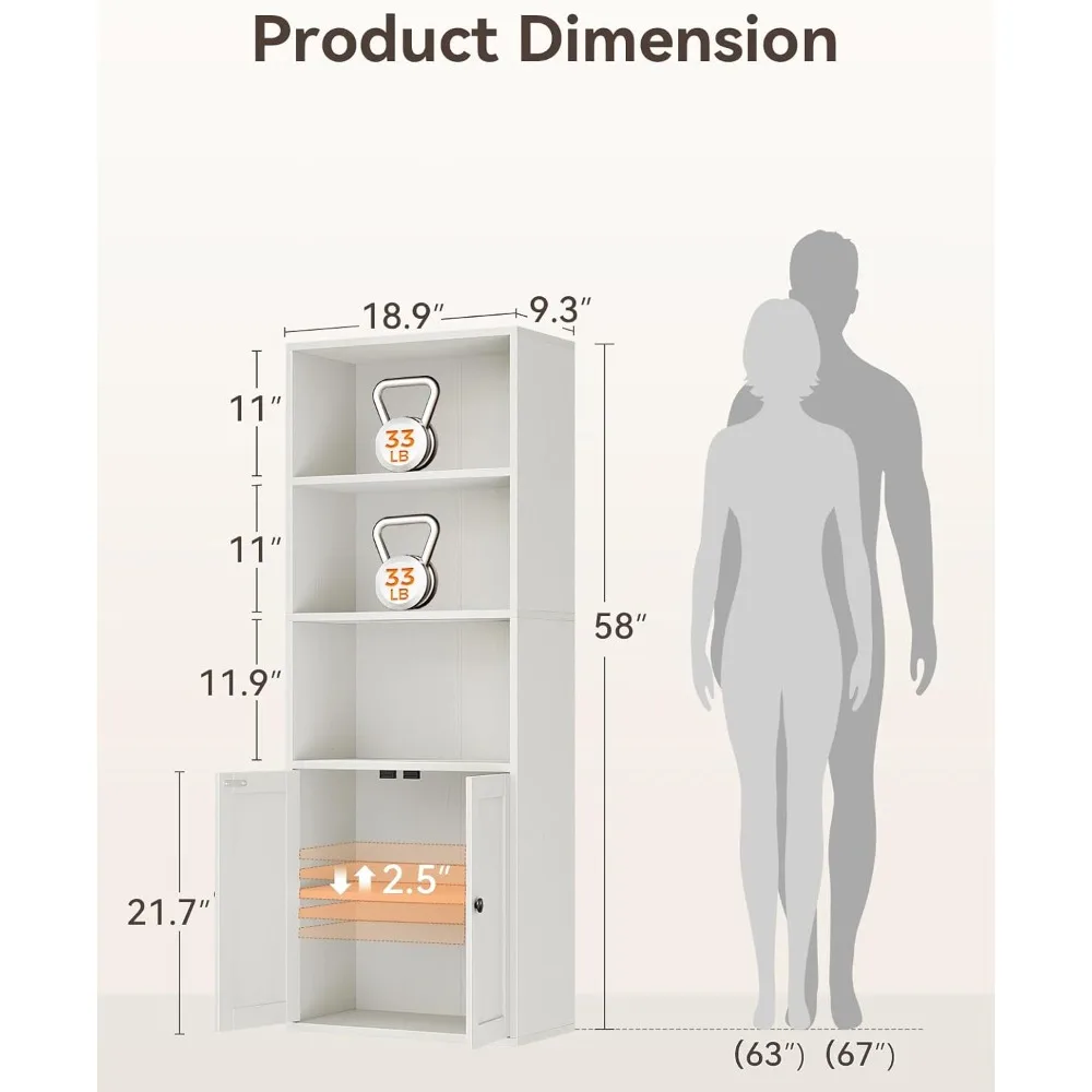 Bodenstehendes 5-stufiges hohes Bücherregal mit Türen, Aufbewahrungsregale für das Heimbüro, platzsparendes Bücherregal für Bücher und Dekoration