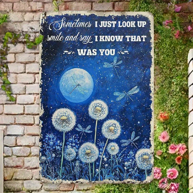 （2D Tin painting）Vintage Dandelion Dragonfly Metal Sign - Moonlit Starry Sky Wall Decor