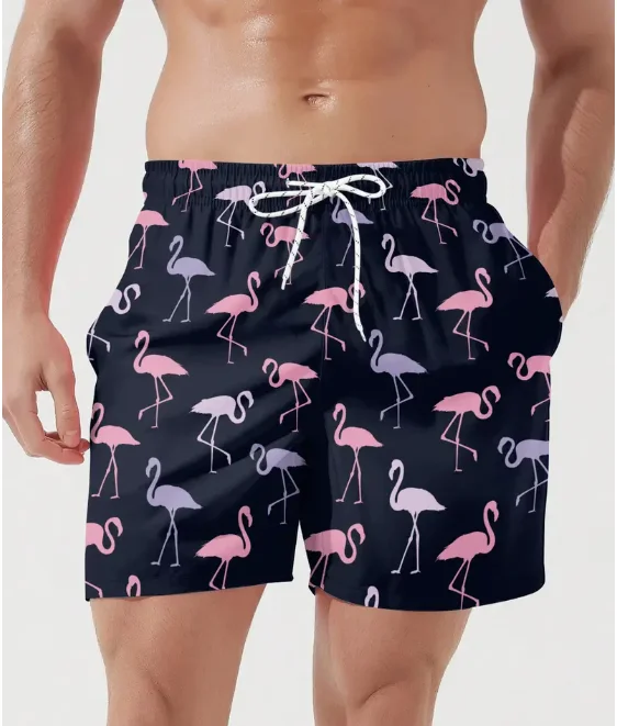 Men's Flamingo And Tropical Floral Pattern Board Shorts With Drawstring Chic And Casual Classic Style Shorts For Summer Vacation