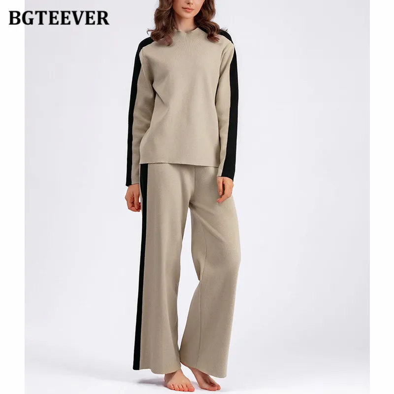 

BGTEEVER Stylish Patchwork Knitted Trousers Set for Womwn Half Collar Sweaters Ladies Wide Leg Pants Autumn Winter Warm Outfits