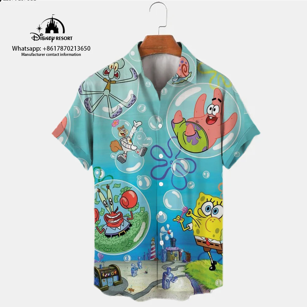 Camisa casual de Bob Esponja fofa masculina, lapela versátil na moda, manga curta, anime, rua, novo, harajuku, verão