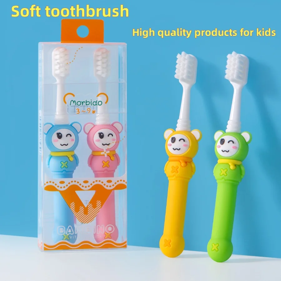 

Children's soft bristle toothbrush suitable for ages 3-9, with a soft rubber handle and cute cartoon shape