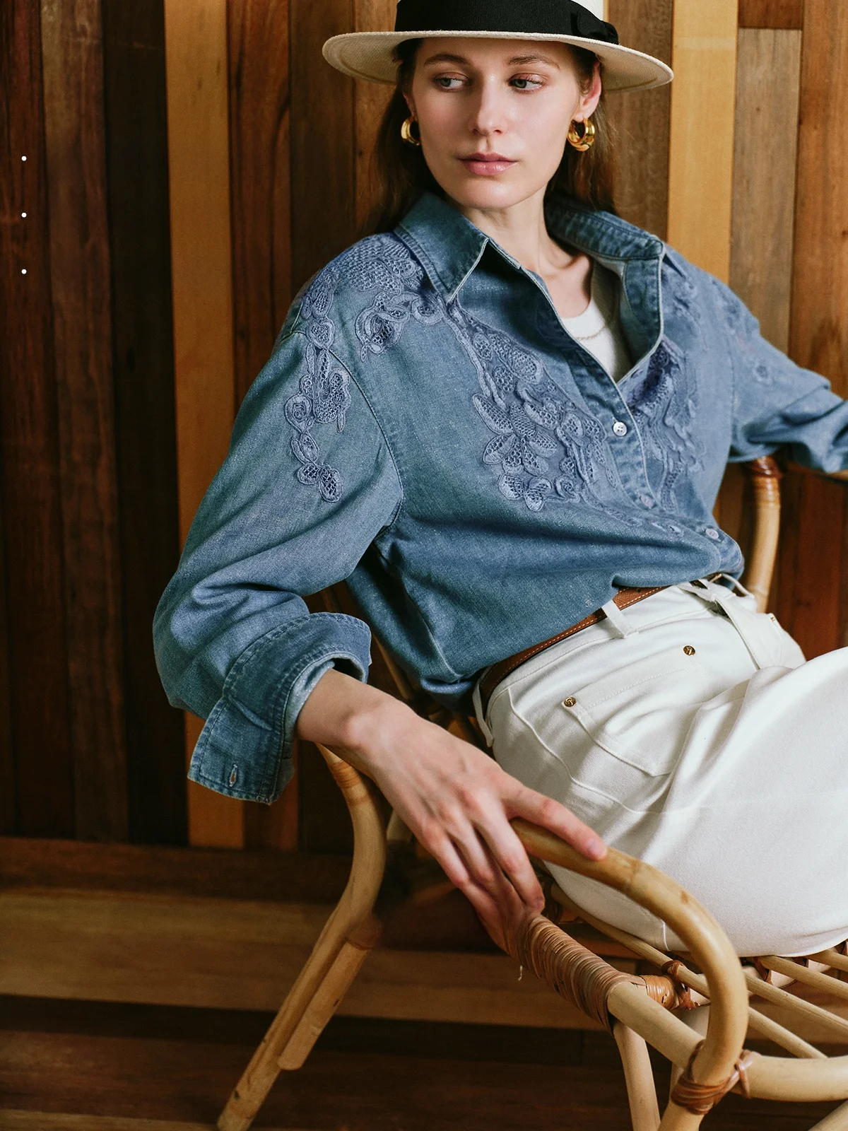 

Floral adow Fraance Heavyweight Lace Embroidery Gold Tead Waed Denim Versatile irt Autumn Casual Loose Fit