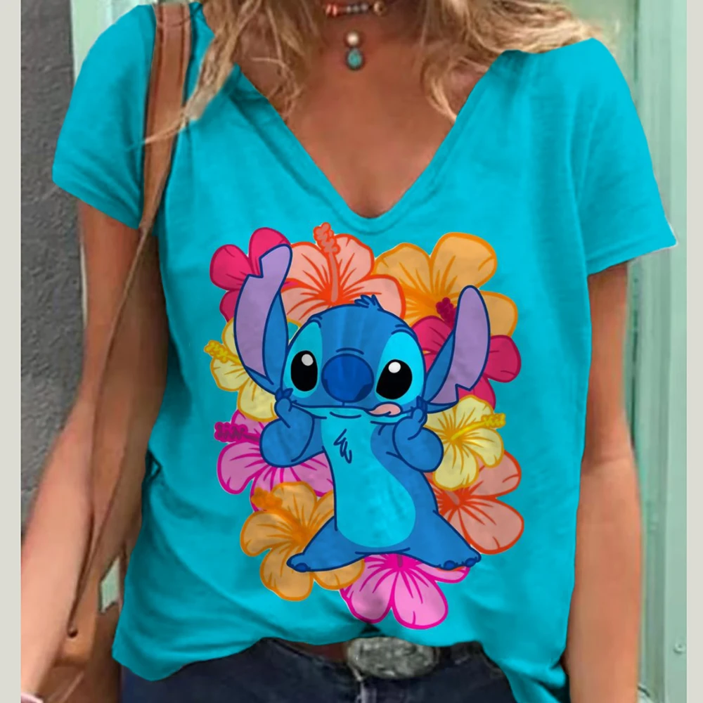 Mickey Mouse Stitch Print T-shirts Tops for Women Lady Summer Children T-shirts Casual V-neck Ohana Stitch Disney T-shirts