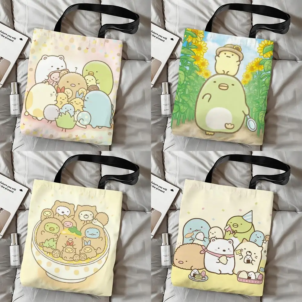 S-Sumikko Cute G-Gurashis Aufbewahrungstaschen, Canvas, doppelseitig bedruckt, Schulterhandtasche, wiederverwendbare, umweltfreundliche Einkaufstasche