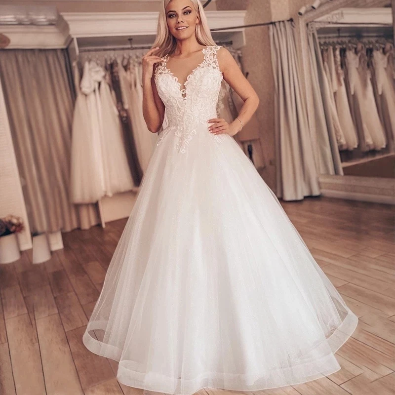 

V neck Simple Ball Gown Wedding Dress Robe de mariee Fashion Lace Applique Vestido de novia Tulle Formal Bridal Gowns HOT