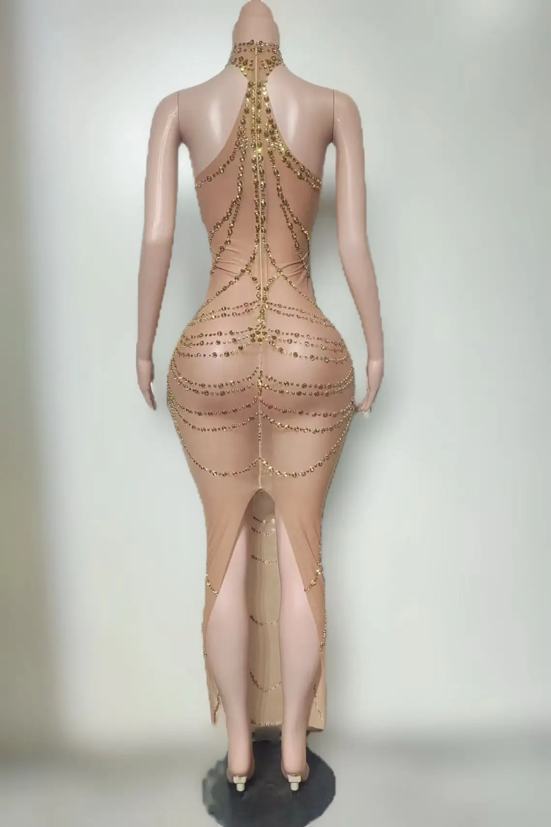 Qianceng Роскошное женское платье без рукавов с золотой бриллиантовой цепочкой, перспективное сетчатое платье знаменитости, платья для дня рождения, свадьбы, банкета, выпускного вечера