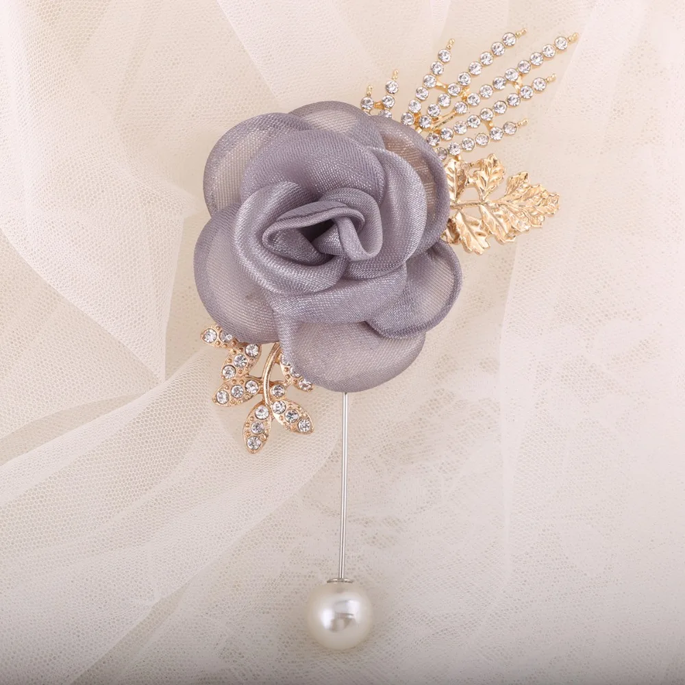 Broche en el ojal para hombre, Pin para boda, ramillete de muñeca para novia, accesorios de matrimonio, decoración de boda, flor para novia gris