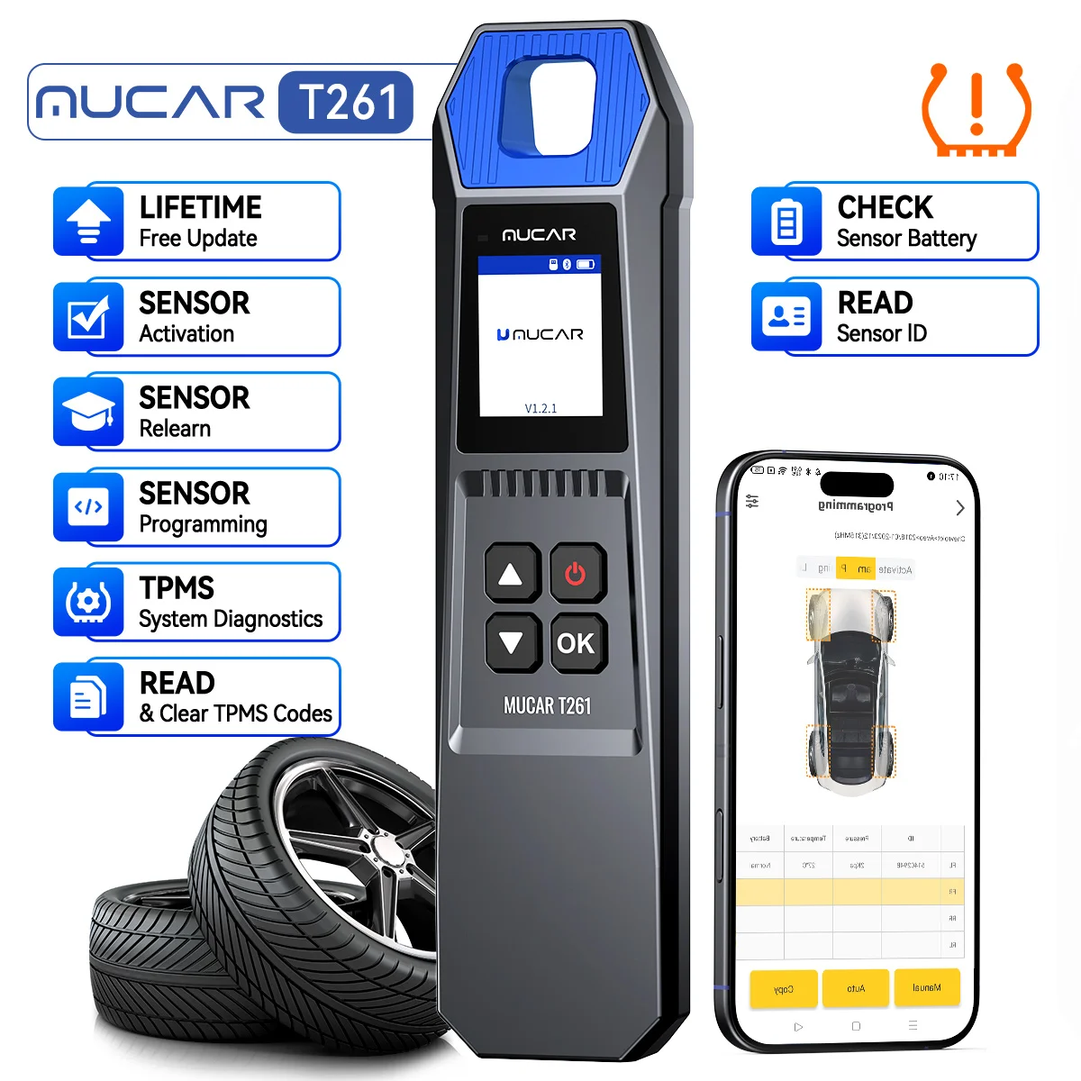 MUCAR T261 Car Tire Pressure Diagnosis Tools TPMS 315MHz/433MHz Sensor Activate Programming Relearn for Thinktool/689BT/892BT