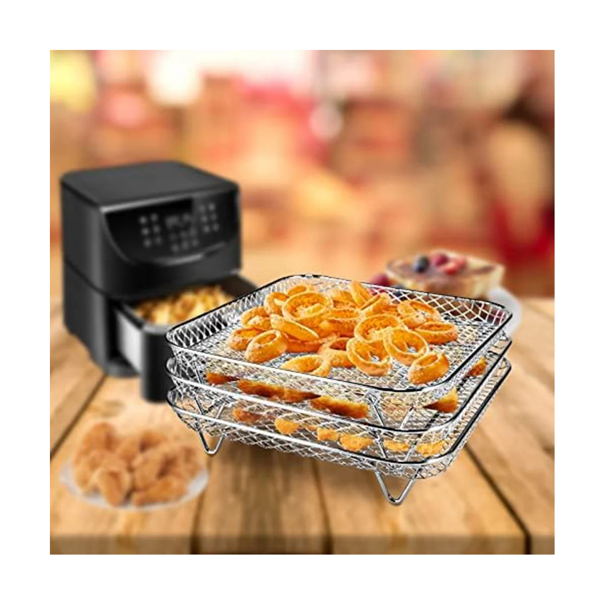 Stainless Steel Air Fryer Rack with Clip, Square Stackable Baking Basket Multi-Layer Dehydrator Rack Air Fryer Parts