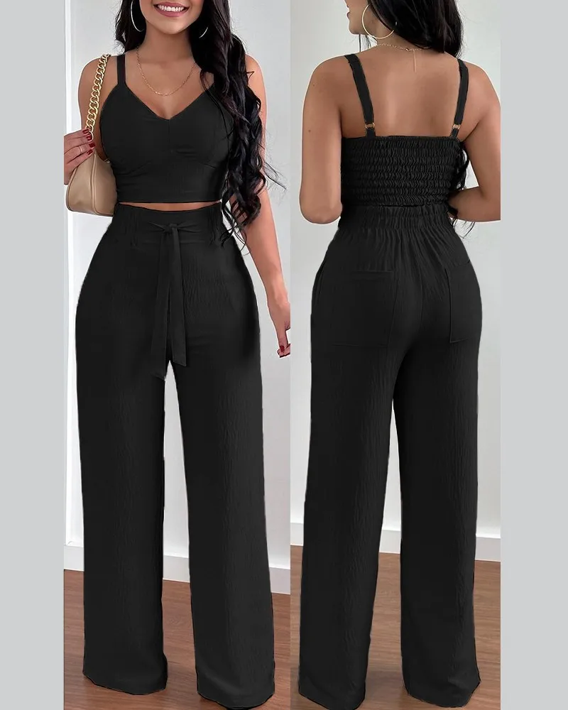 Sexy Spaghetti Crop Tops Pant New In Matching Sets Women Hight Waist Pants 2 Piece Sets Women Outfit Summer Backless Print Suit